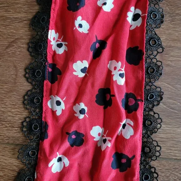 Silk Scarf with Cherries on Top ALANNAH HILL Rayon Lace Trim Red Black NEW - Picture 2 of 11